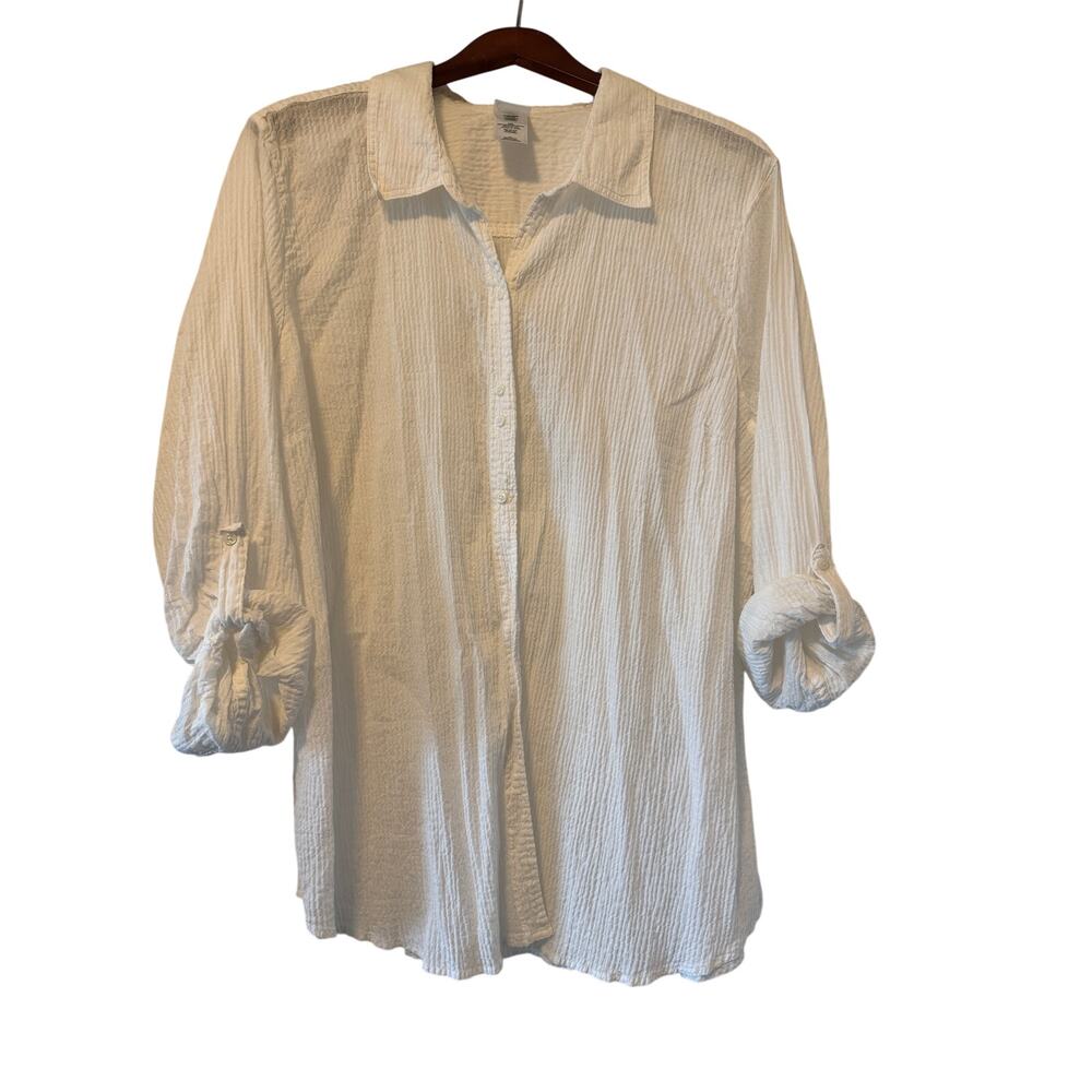 JMS White Textured Crepe Button Up w/Roll Sleeves, Size 4x